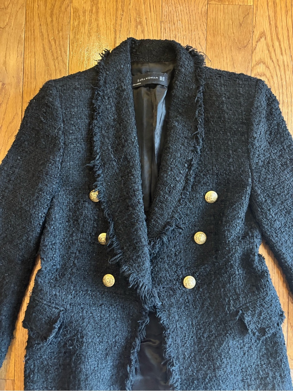 Zara Black Tweed Double-Breasted Blazer with Gold Buttons